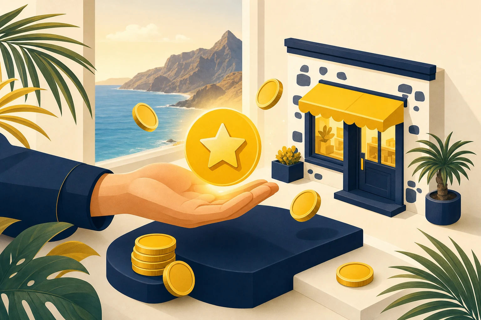 Mano sosteniendo un sello dorado de fundador junto a una tienda canaria y monedas
