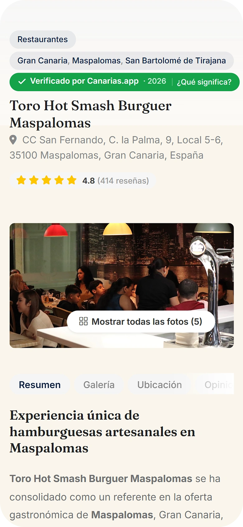 Captura real de la ficha de Toro Hot Smash Burguer en Canarias.app desde un móvil