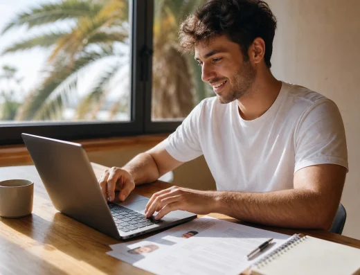 Joven buscando empleo con el portátil y su currículum en un escritorio soleado