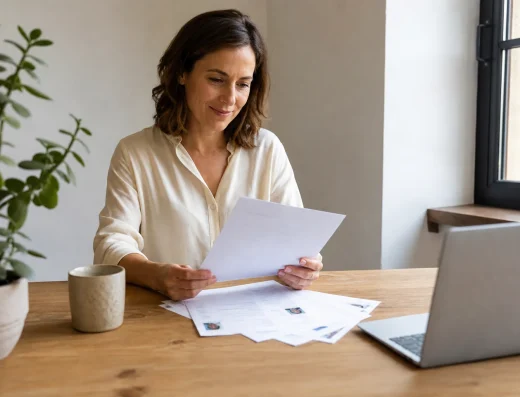 Mujer revisando currículums impresos en un escritorio