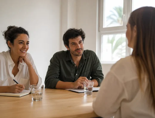 Dos entrevistadores conversando con una candidata en una sala luminosa