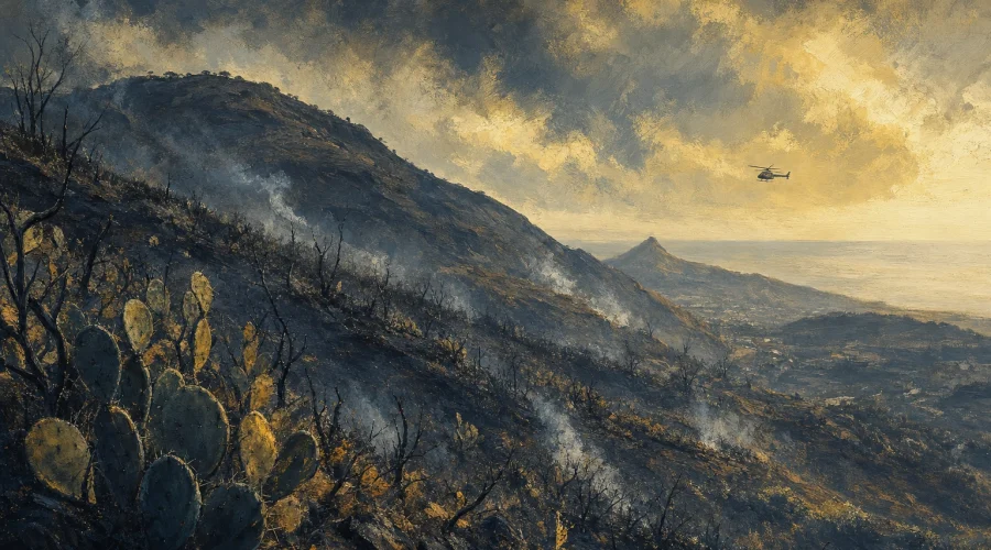 Brigadas refrescan la cumbre de Telde tras cercar el fuego que calcinó hasta 10 hectáreas