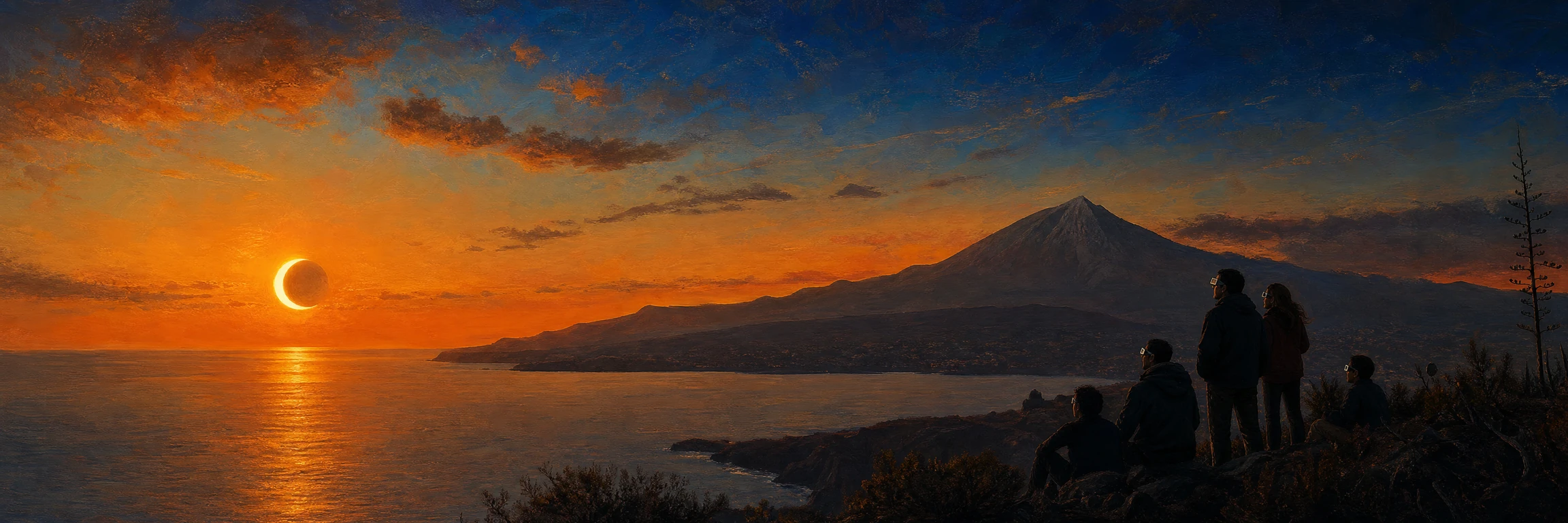 Eclipse solar parcial al atardecer sobre el horizonte de Canarias
