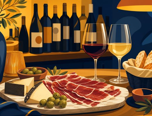 Vinos y tabla de ibericos - ilustracion Canarias.app