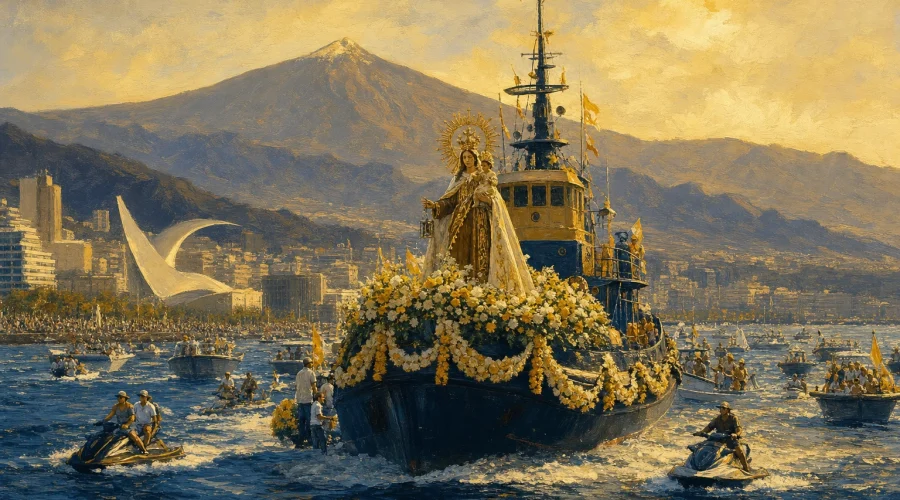 Más de 60 barcos escoltan a la Virgen del Carmen en la multitudinaria procesión marítima de Santa Cruz de Tenerife