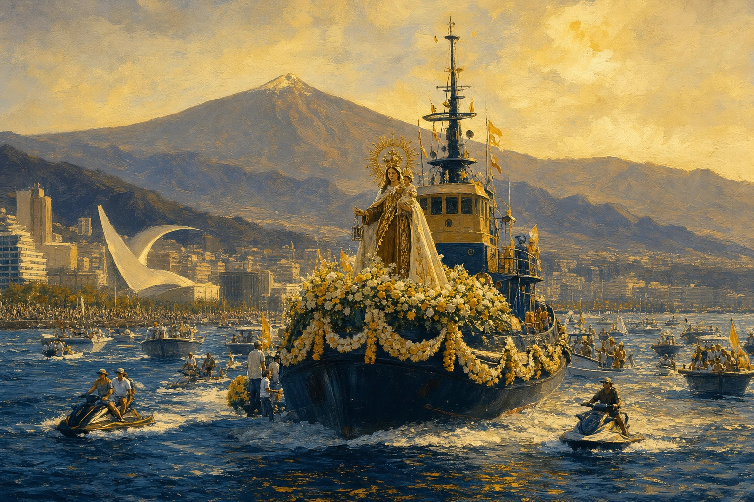 Más de 60 barcos escoltan a la Virgen del Carmen en la multitudinaria procesión marítima de Santa Cruz de Tenerife