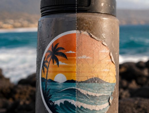 Pegatina de vinilo resistente al sol y al agua en una botella, junto al mar