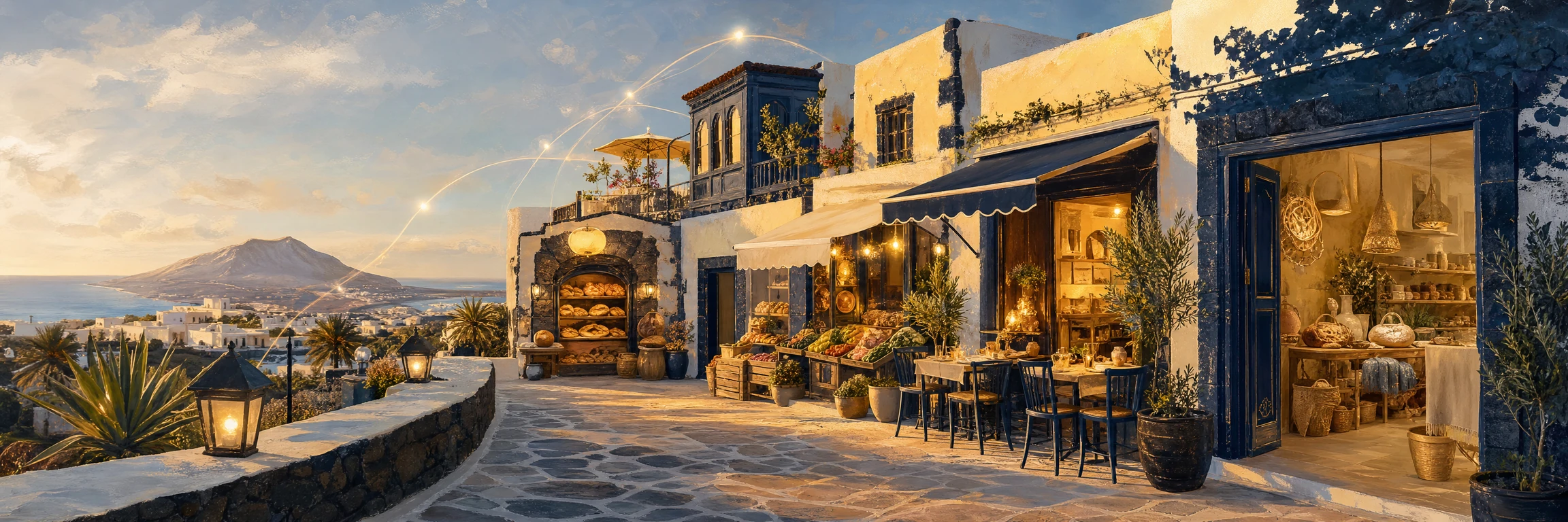Comercios locales de una calle canaria a la luz de la tarde