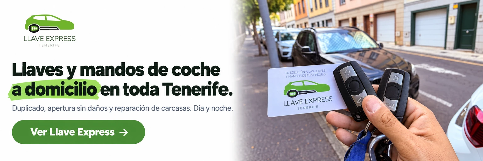 Llave Express Tenerife. Llaves y mandos de coche a domicilio en toda Tenerife. Duplicado, apertura sin daños y reparación de carcasas. Día y noche. Ver Llave Express.
