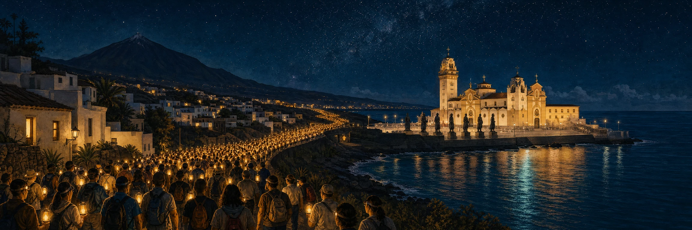 La caminata nocturna a Candelaria: un río de peregrinos con linternas y frontales avanza de noche por la carretera junto al mar hacia la Basílica de Candelaria iluminada, bajo un cielo estrellado y con la silueta del Teide al fondo