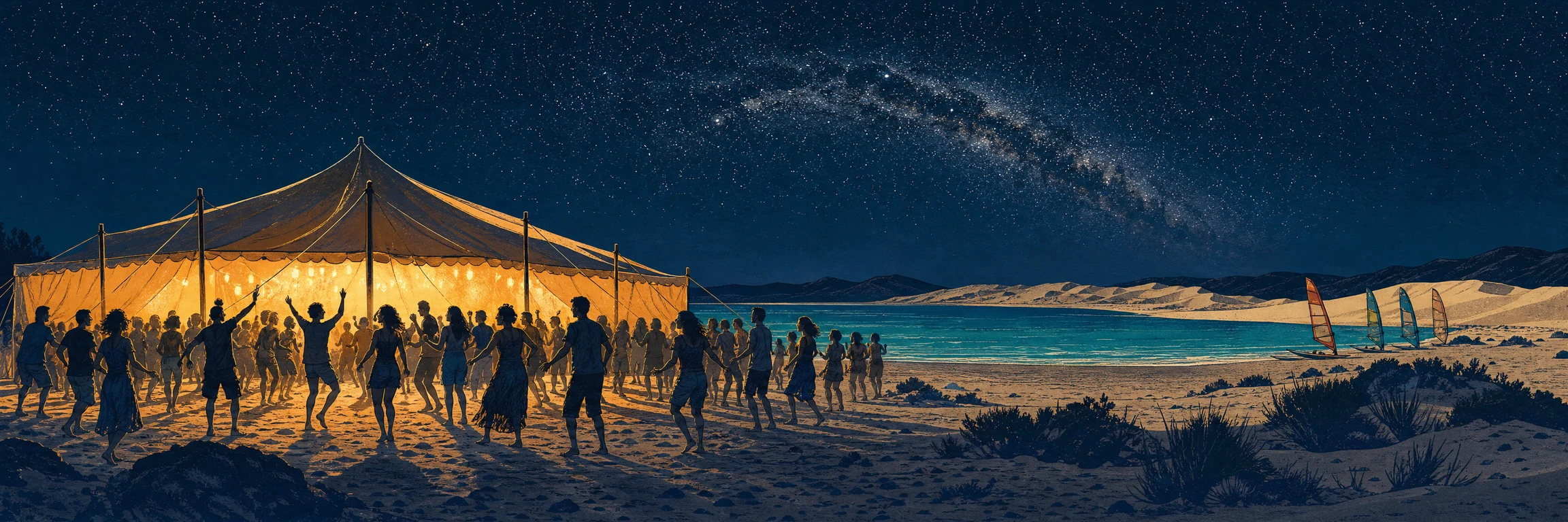 La carpa del festival La Carpa iluminada sobre la arena de la playa de Sotavento, en Pájara (Fuerteventura), de noche, con la multitud bailando y las dunas y la laguna al fondo