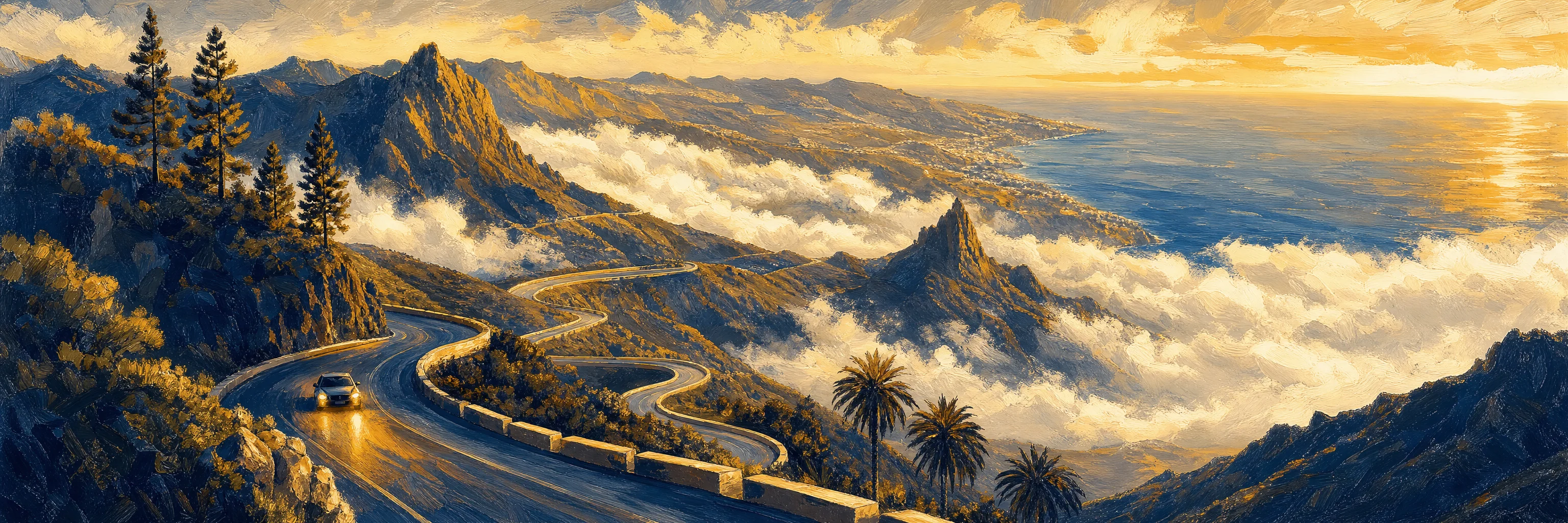 Carretera de montaña de Canarias al atardecer serpenteando sobre el mar de nubes, con la costa al fondo