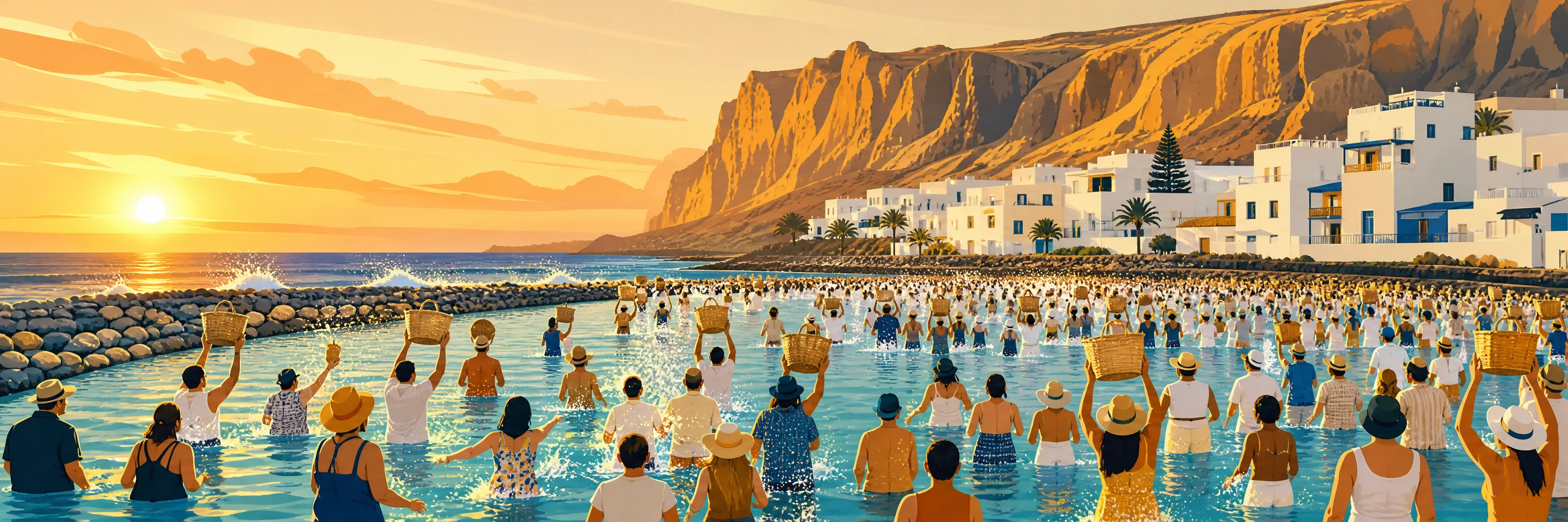 Multitud entrando a la vez en la laguna litoral del Charco de La Aldea al atardecer, con cestas en alto y agua salpicando, y el risco y las casas blancas del pueblo al fondo