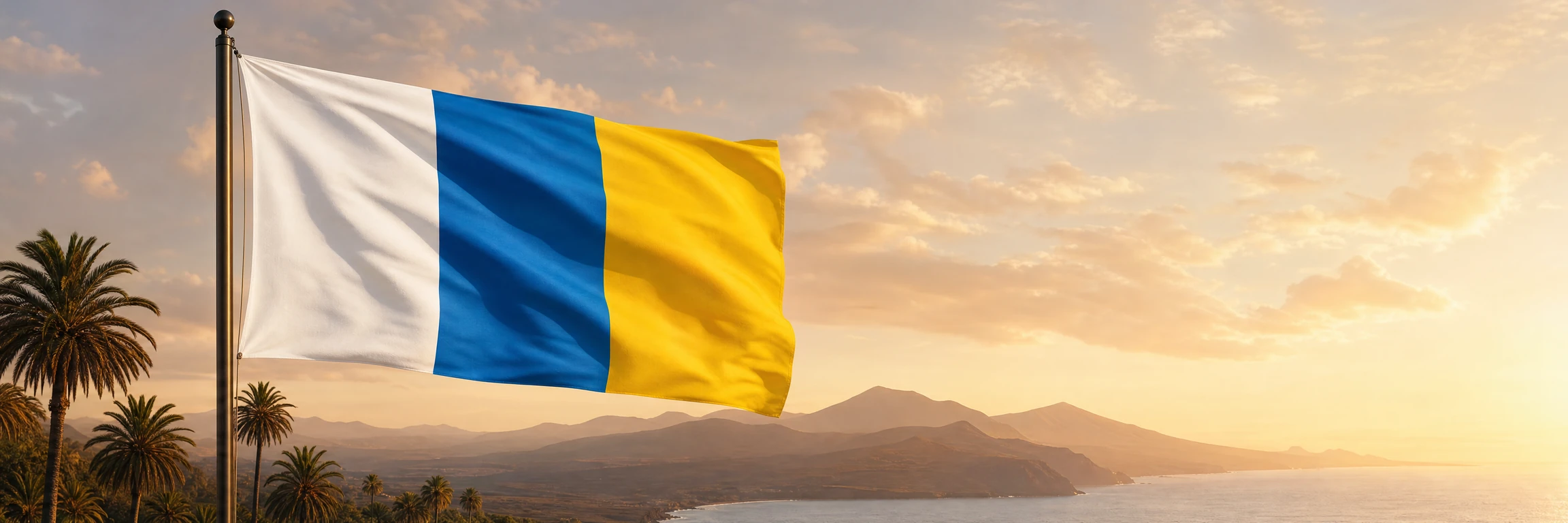Bandera de Canarias ondeando: franjas blanca, azul y amarilla