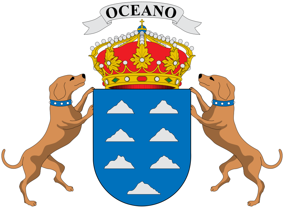 Escudo oficial de Canarias: campo azul con siete islas de plata, corona real, cinta «Océano» y dos perros como soportes