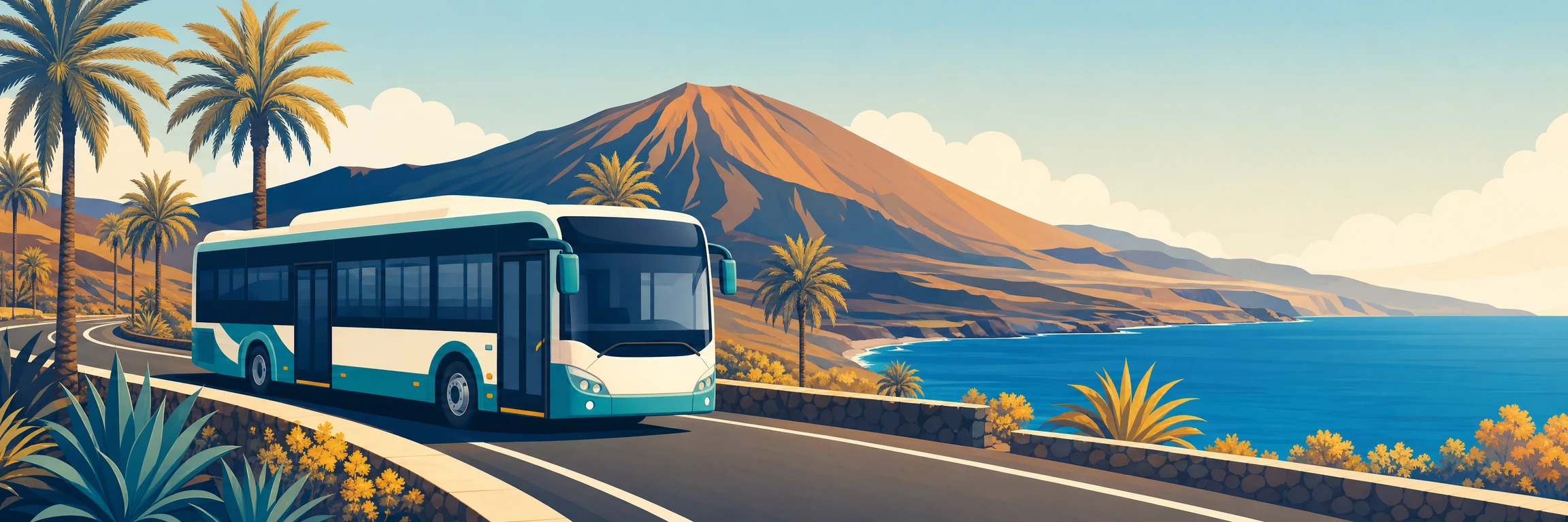 Guagua circulando por una carretera costera de Canarias