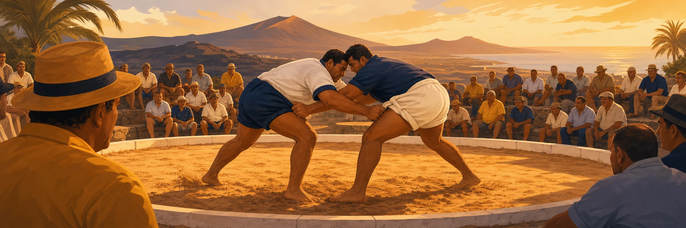 Dos luchadores en un terrero de lucha canaria
