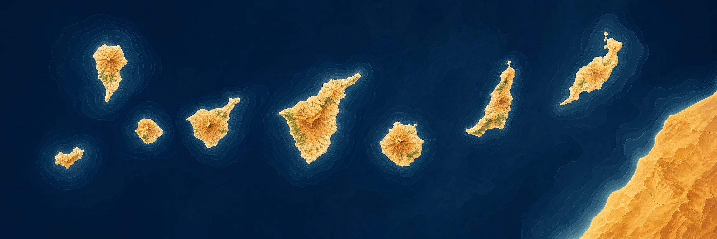 Mapa ilustrado del archipiélago canario con sus ocho islas en el Atlántico