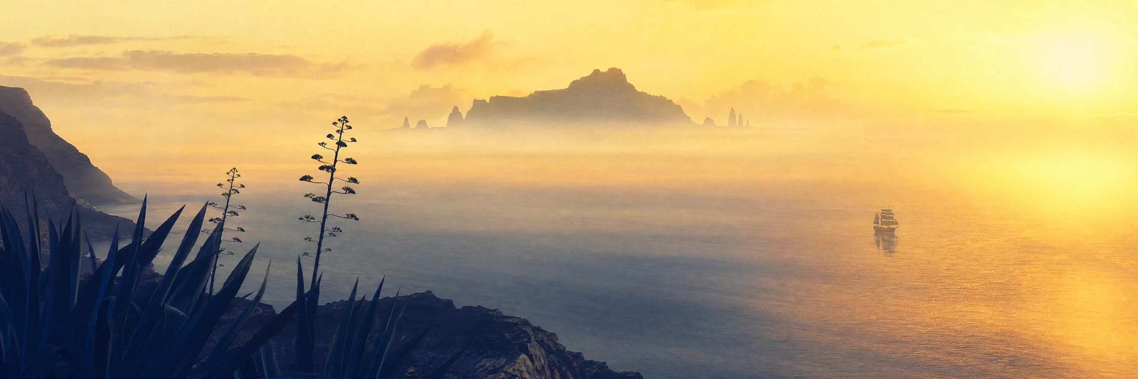 Silueta de una isla fantasma en el horizonte del Atlántico al atardecer