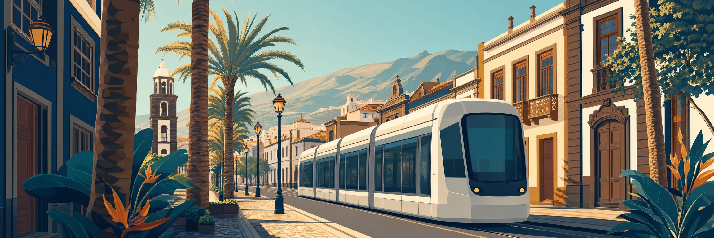 Tranvía moderno circulando por una avenida de Santa Cruz de Tenerife