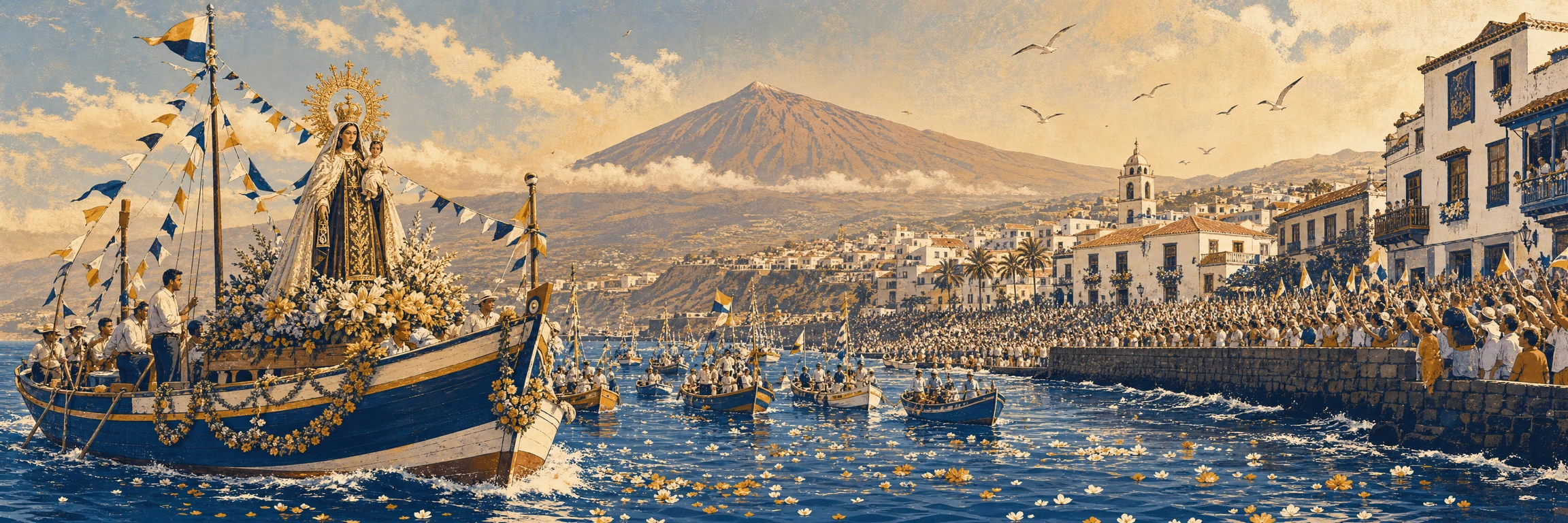 La Embarcación de la Virgen del Carmen en el Puerto de la Cruz: una barca de pesca engalanada con flores lleva la imagen de la Virgen por la bahía, escoltada por una flotilla, con el Teide al fondo