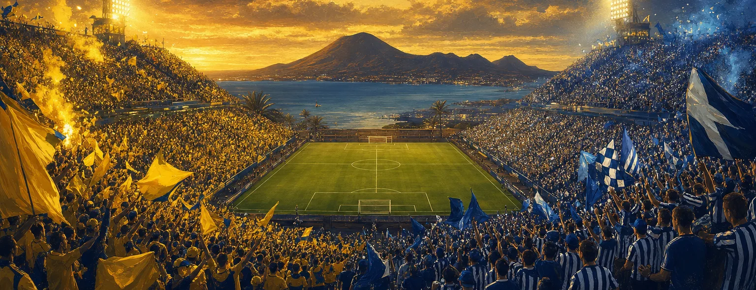 Estadio canario dividido en dos gradas al atardecer: la afición amarilla de la UD Las Palmas frente a la blanquiazul del CD Tenerife