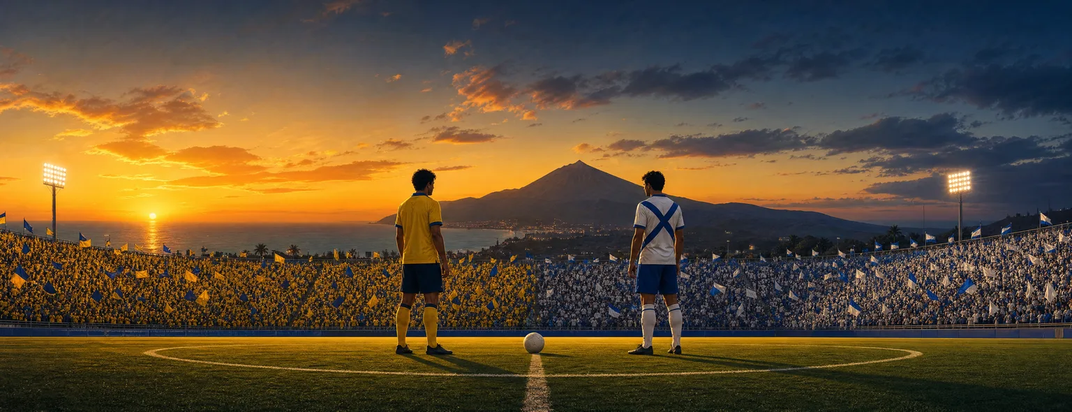Dos futbolistas en el círculo central al atardecer, uno con la camiseta amarilla y pantalón azul de la UD Las Palmas y otro con la blanca del aspa azul del CD Tenerife, ante las gradas amarilla y blanquiazul, con el Teide y el Atlántico al fondo