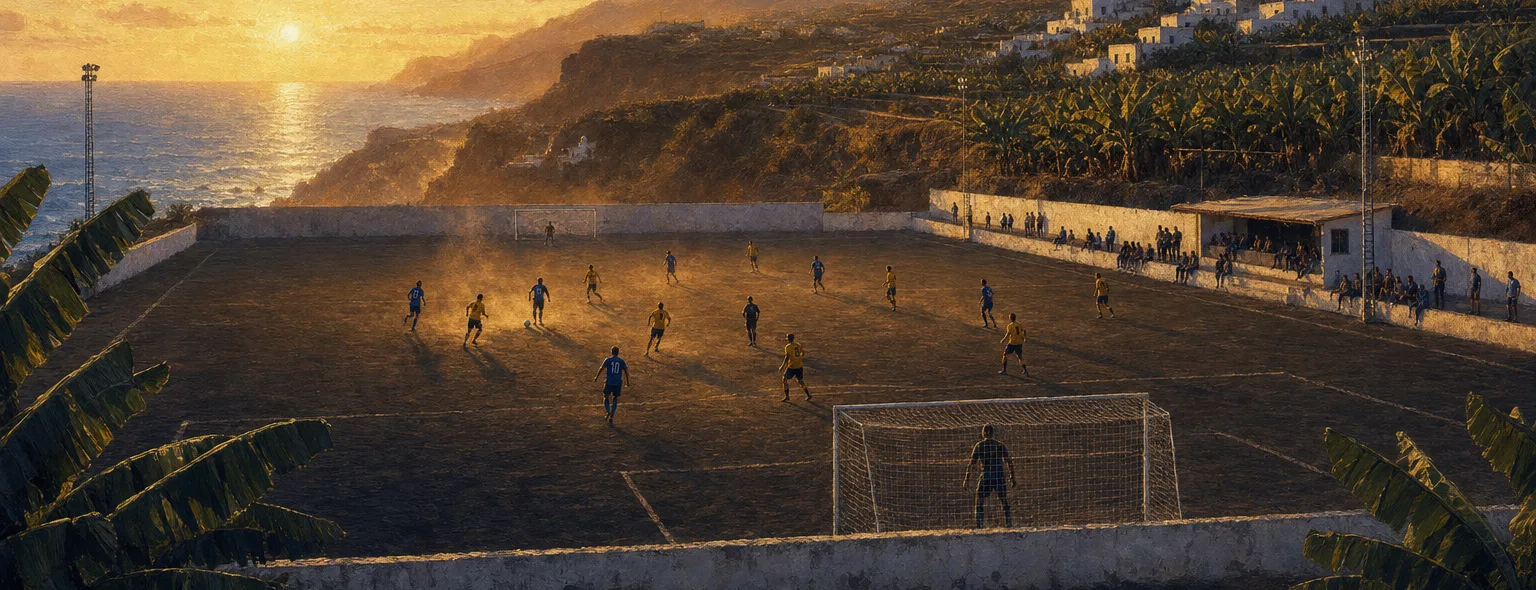 Campo de fútbol de pueblo sobre un acantilado junto al mar, entre plataneras, con un partido disputándose al atardecer