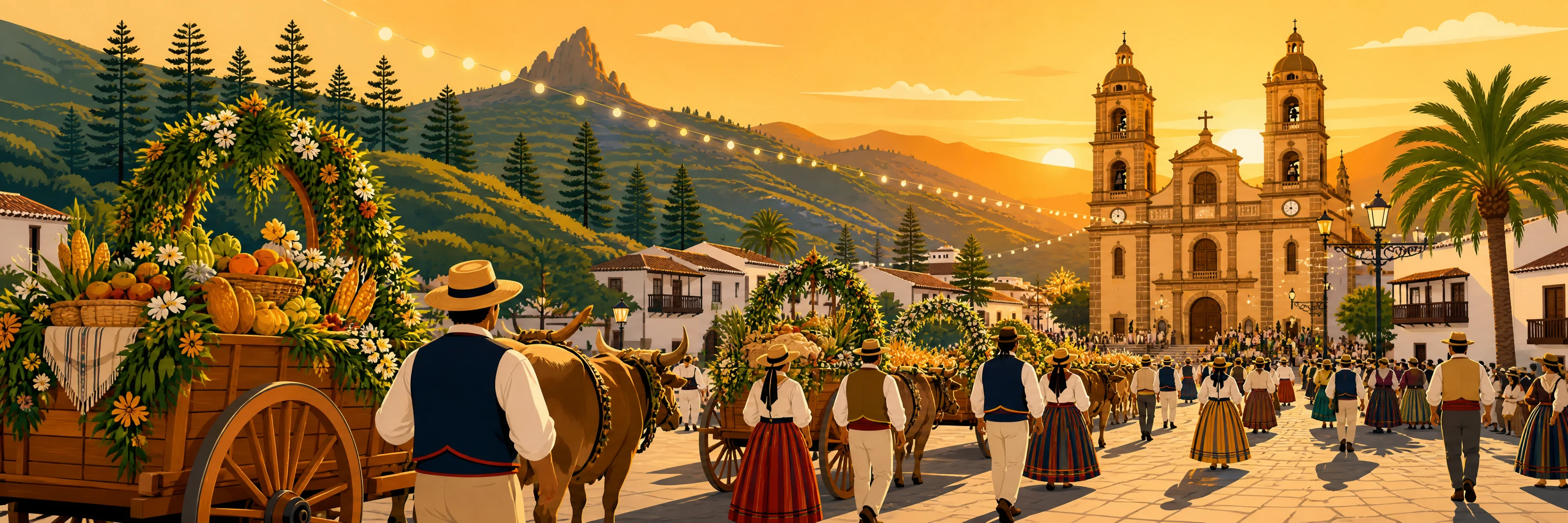 La Ofrenda-Romería del Pino al atardecer: carretas engalanadas con productos de la tierra y romeros con trajes tradicionales canarios avanzan hacia la basílica de Teror entre pinos