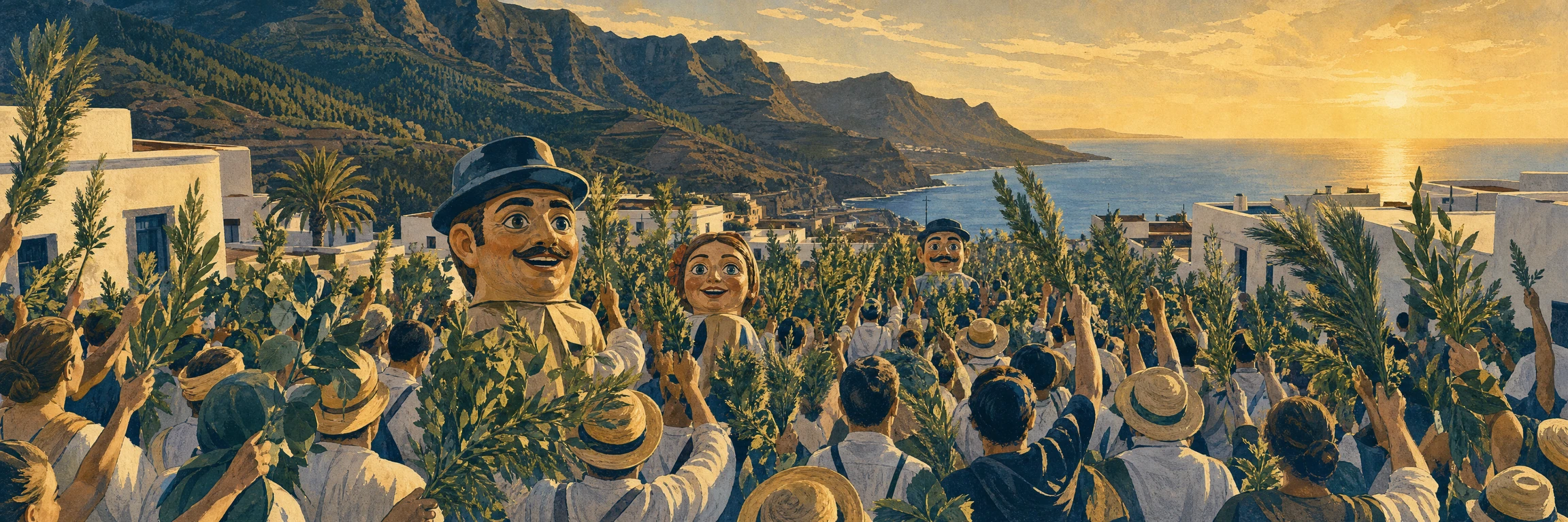 La Rama de Agaete al amanecer: una multitud baja bailando hacia el mar con ramas verdes de pino y laurel en alto, con papahuevos gigantes entre la gente, las casas blancas de Agaete y el pinar de Tamadaba al fondo