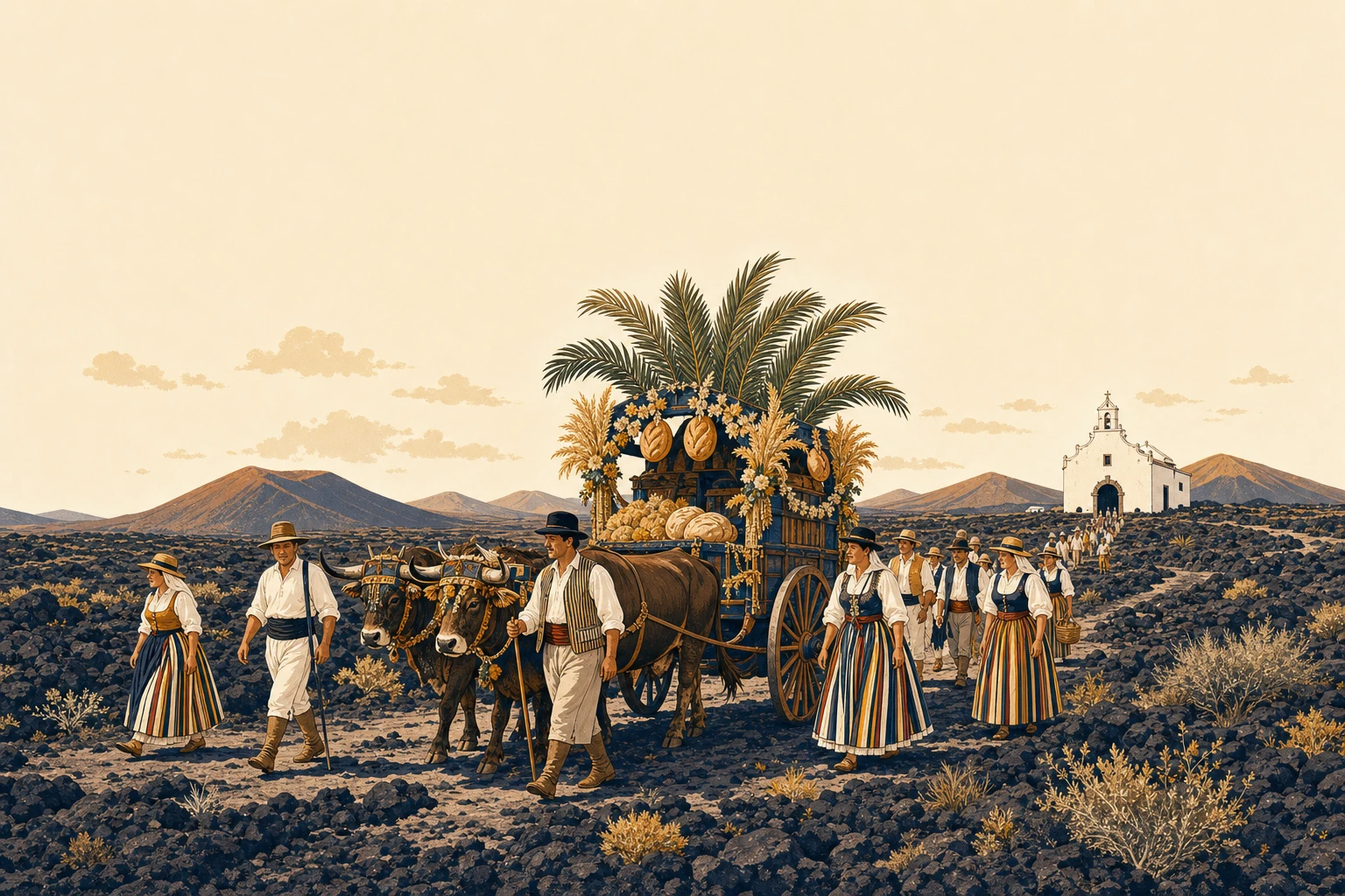 Ilustración de Romería de Los Dolores (Nuestra Señora de los Volcanes) en Tinajo (Mancha Blanca)