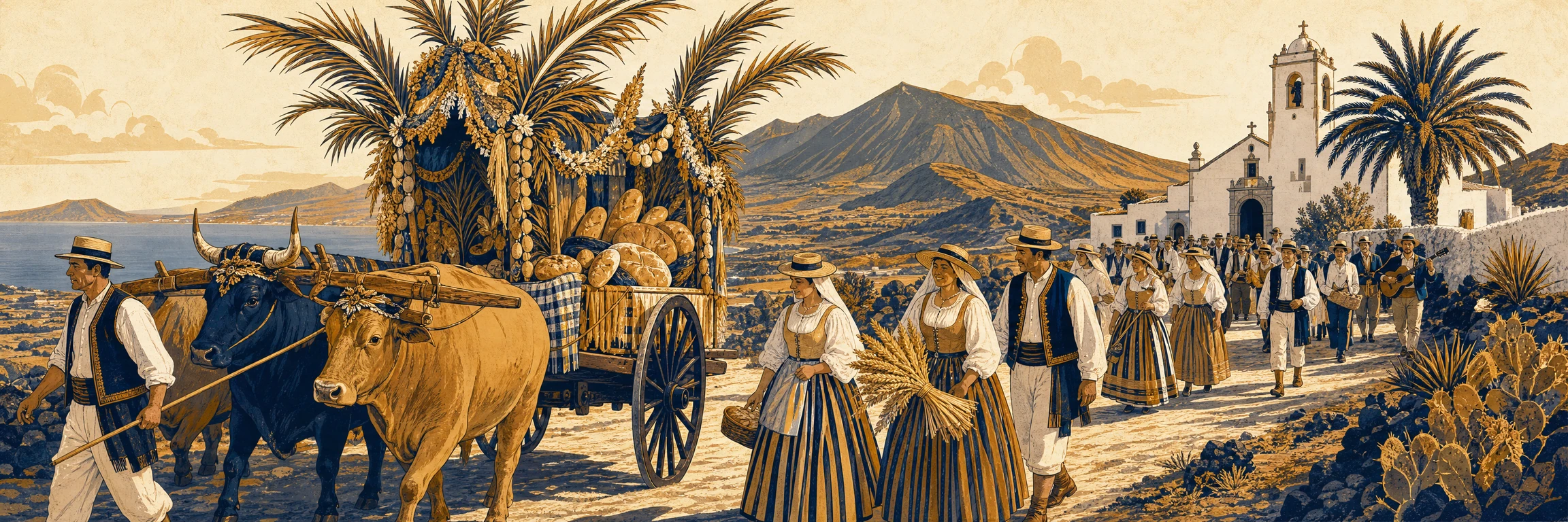 Romería canaria: carretas engalanadas, yunta de bueyes y romeros vestidos de mago junto a una ermita