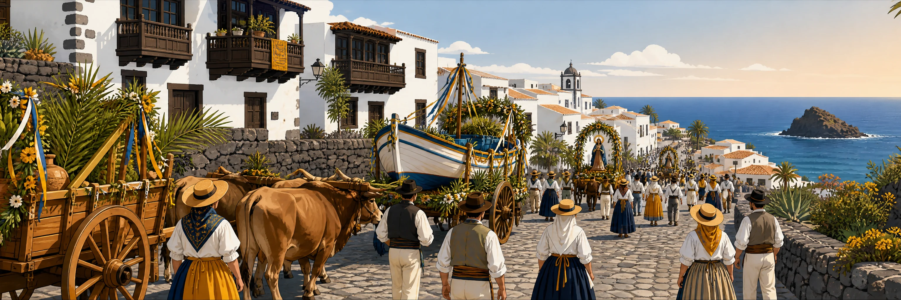 Romería de San Roque por el casco histórico de Garachico: carretas engalanadas, una yunta de bueyes y un barco engalanado entre calles de piedra y casas canarias, con el Atlántico al fondo
