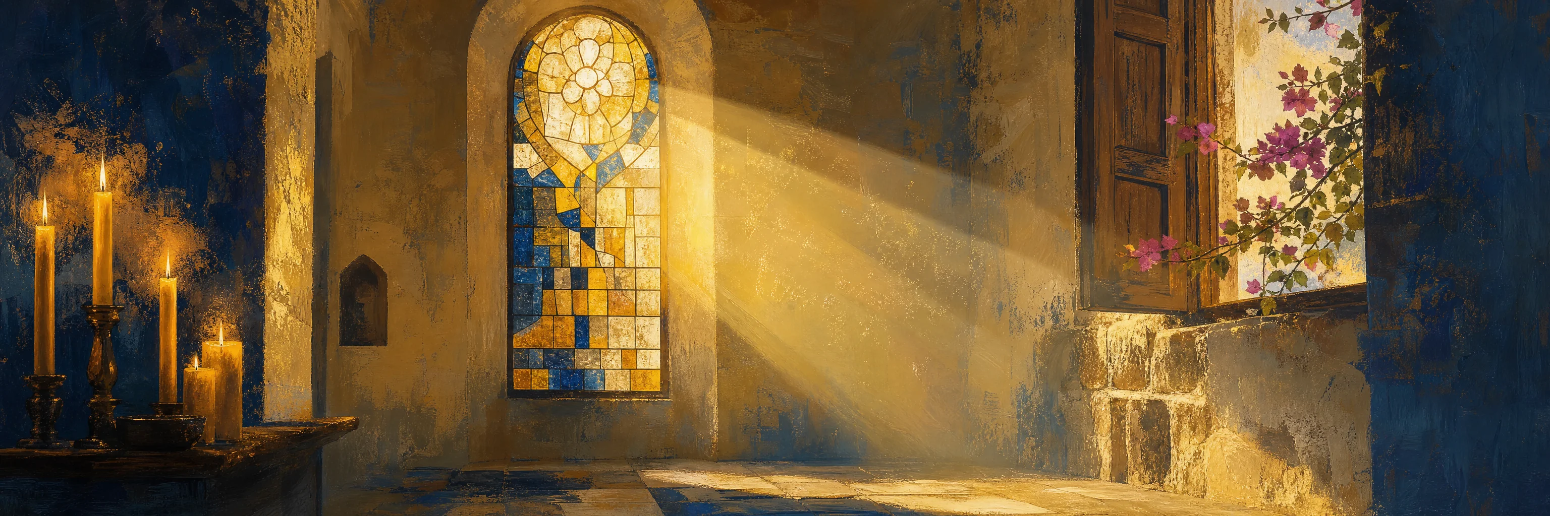 Vidriera con luz dorada y velas encendidas, ilustración del santoral