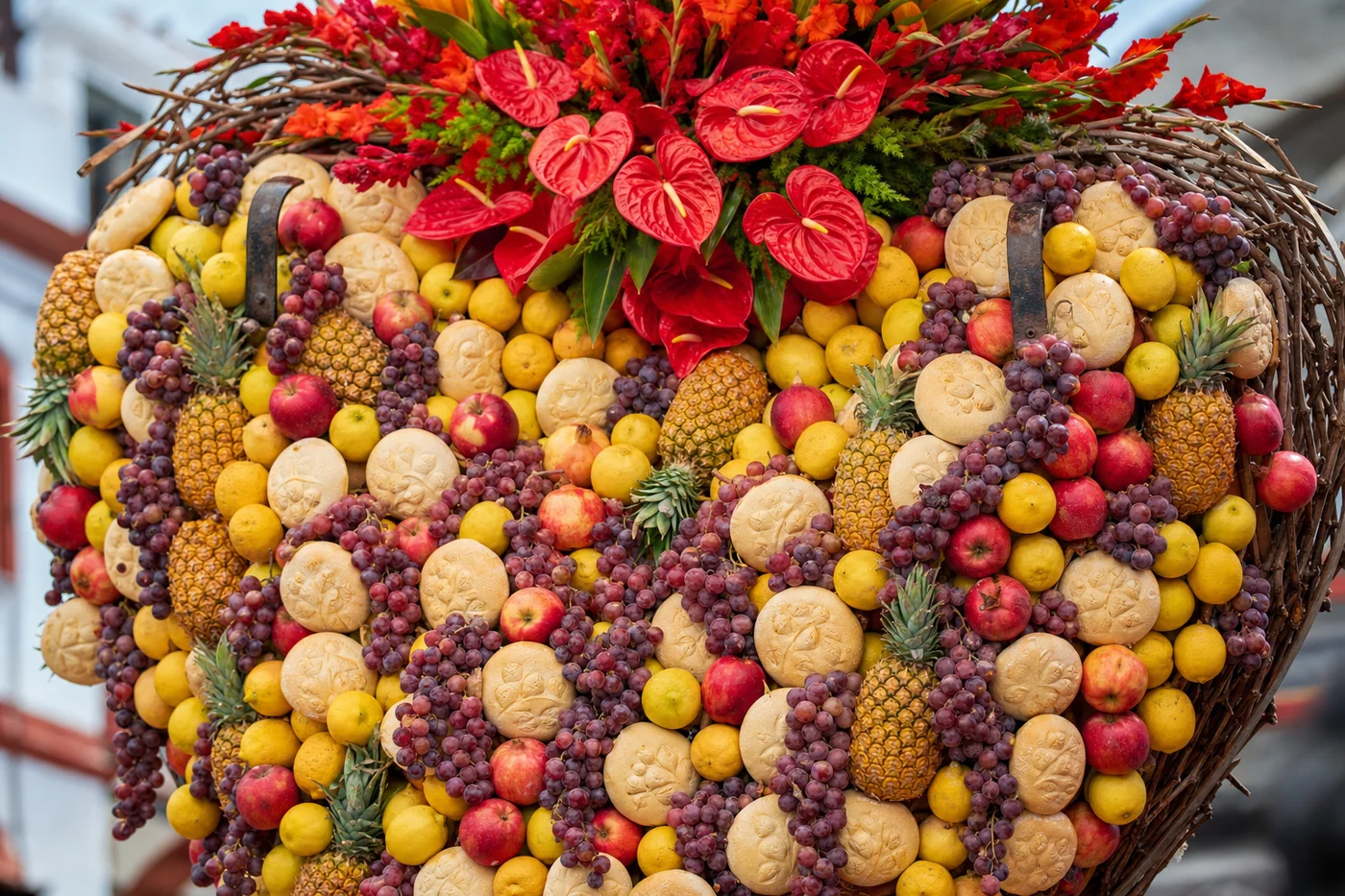 Detalle de un corazón de Tejina: frutas —limones, piñas, granadas, manzanas y uvas— y tortas de masa cosidas sobre la rama de haya, coronadas por un ramo de flores