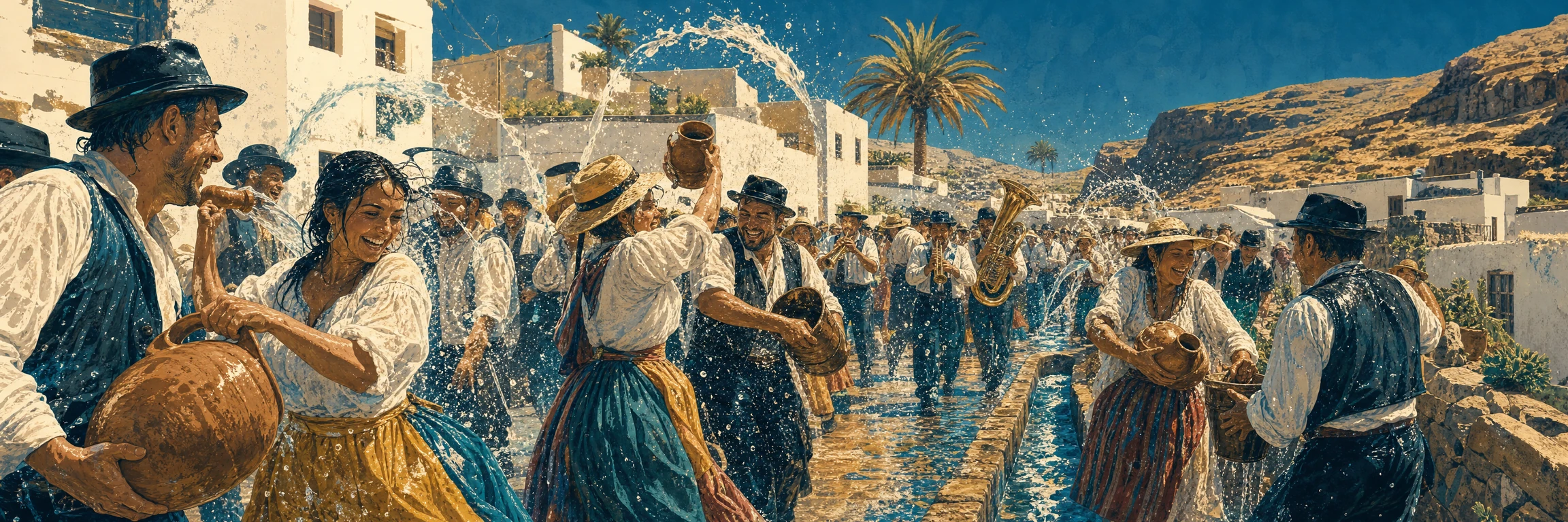 La Traída del Agua de Lomo Magullo: una multitud empapada alza tallas de barro y cubos entre arcos de agua bajo el sol de agosto, muchos con traje típico canario, en una calle estrecha del barrio con la acequia, el barranco y las palmeras al fondo
