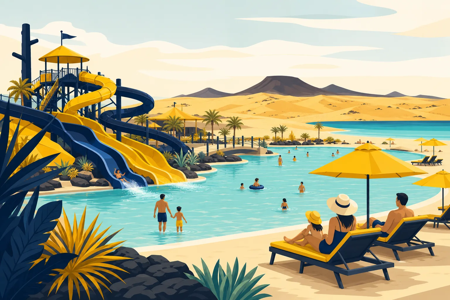 Parque acuático familiar en Fuerteventura junto a dunas doradas y aguas turquesa