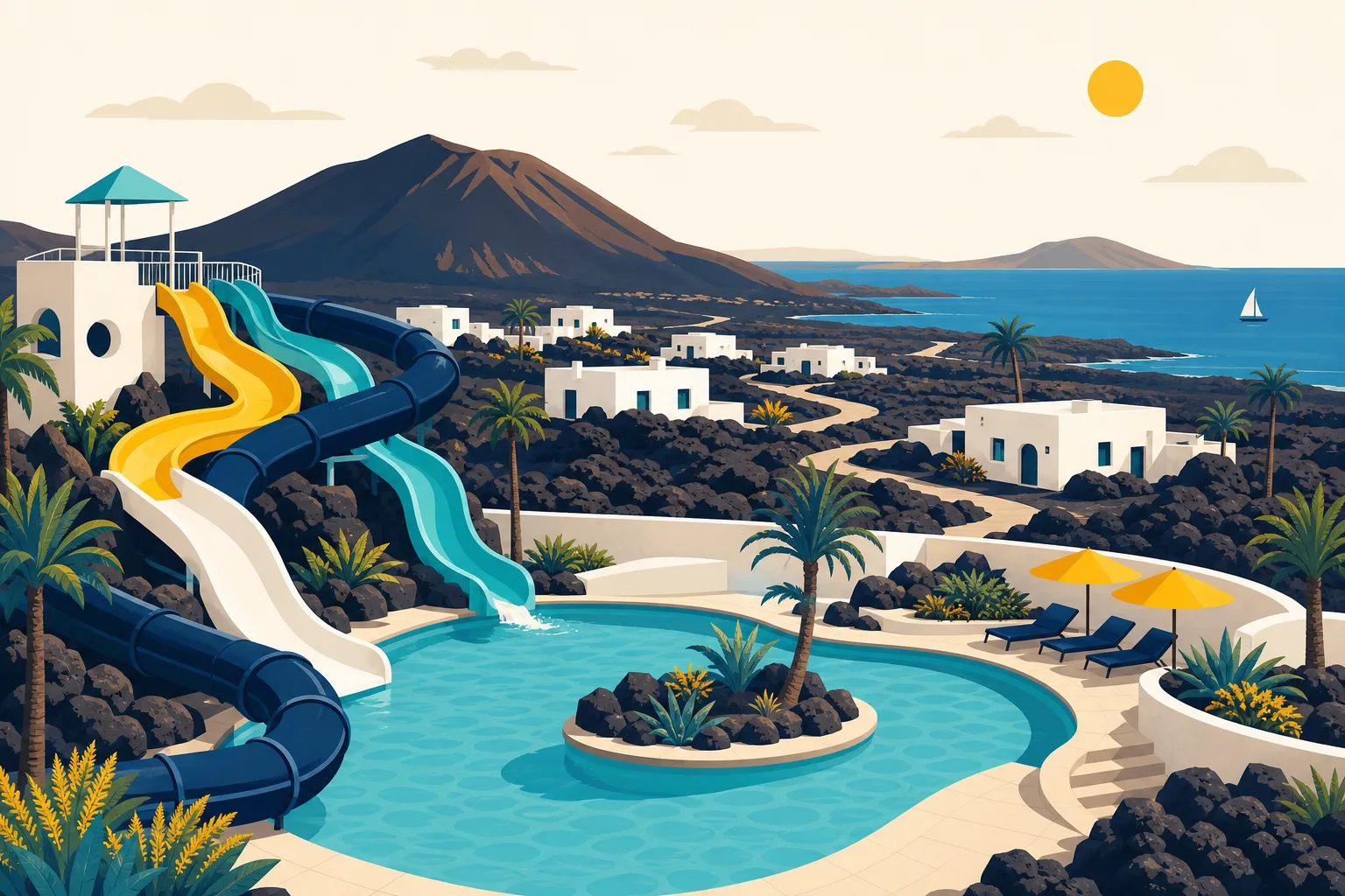 Parque acuático en Lanzarote: toboganes junto a un paisaje volcánico con casas blancas y el Atlántico