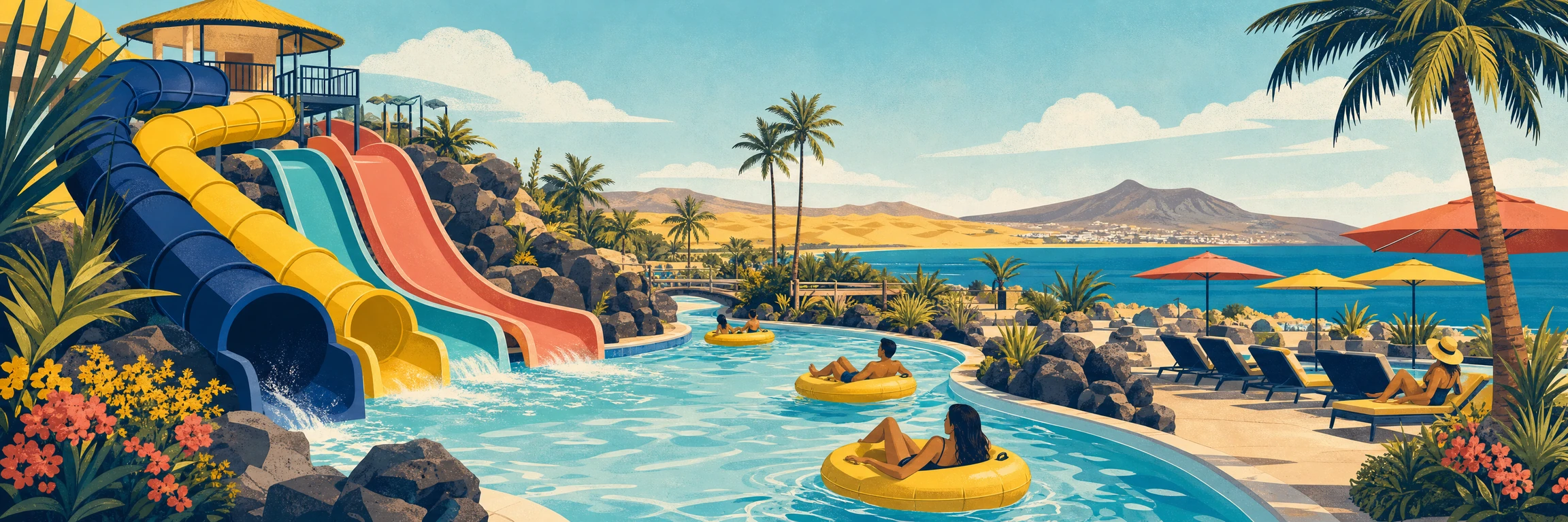 Parques acuáticos de Gran Canaria: toboganes y piscinas con las dunas al fondo