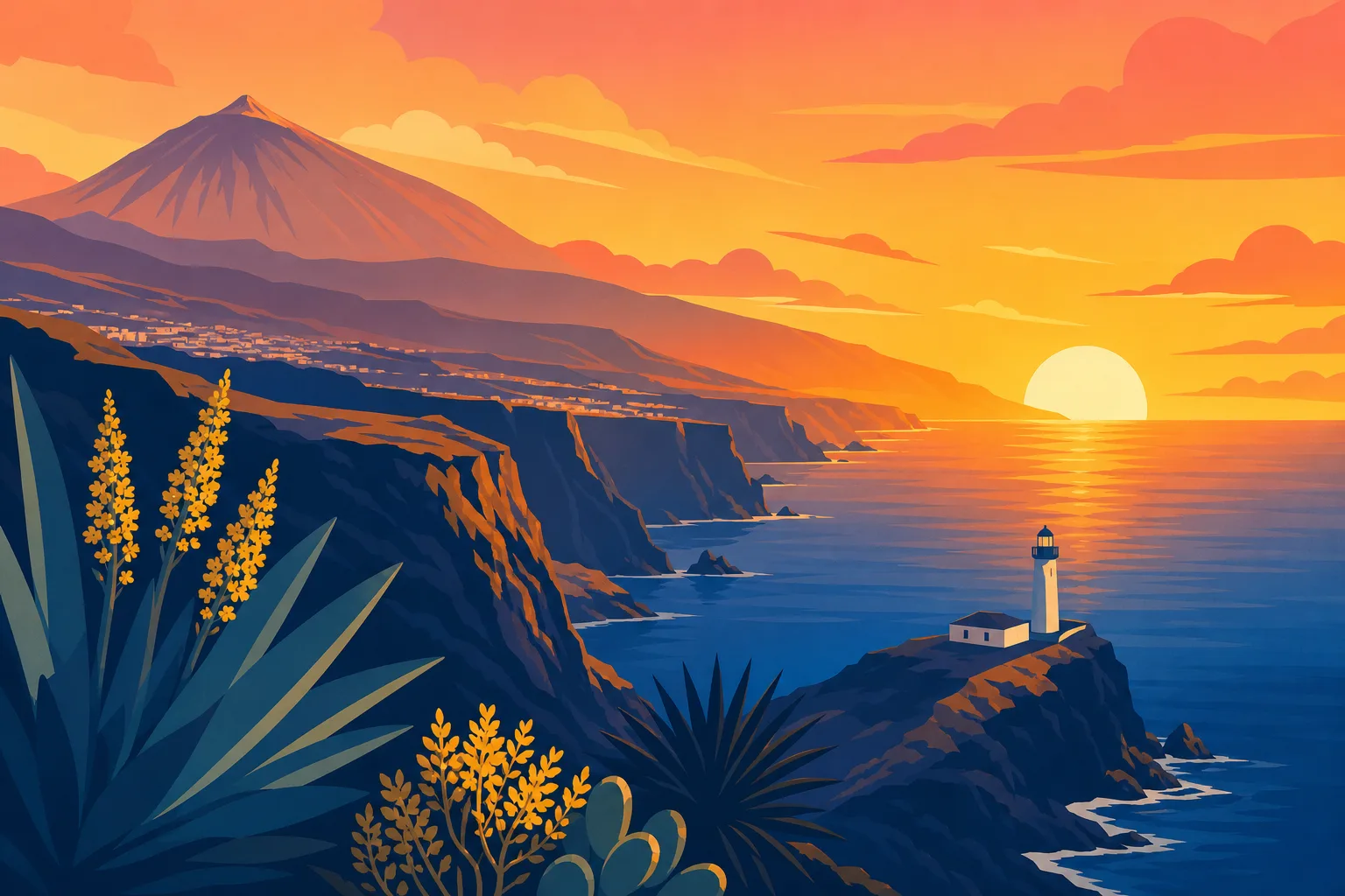 Atardecer en Tenerife: el sol cayendo al mar tras los acantilados, con el Teide recortado en el cielo