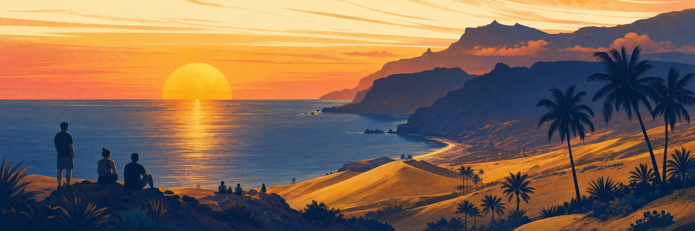Atardecer en Gran Canaria: sol cayendo sobre el Atlántico desde los acantilados del oeste, con dunas y palmeras