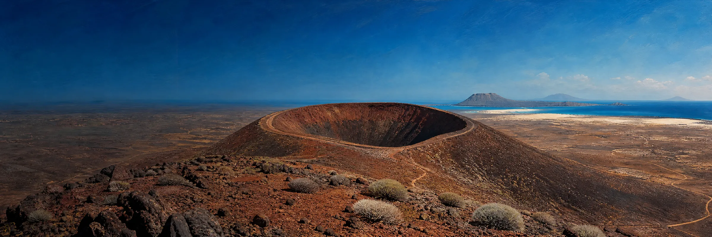 Cono y cráter del volcán Calderón Hondo sobre el malpaís de Fuerteventura, con la isla de Lobos y el mar al fondo