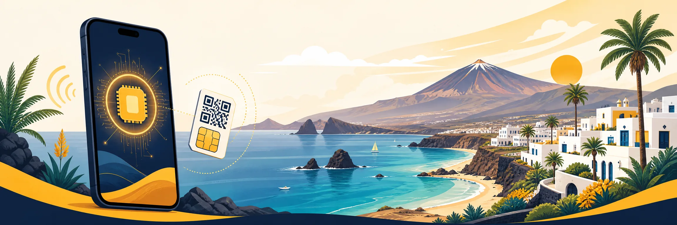 eSIM y datos móviles para viajar a Canarias, con la costa y el Teide al fondo