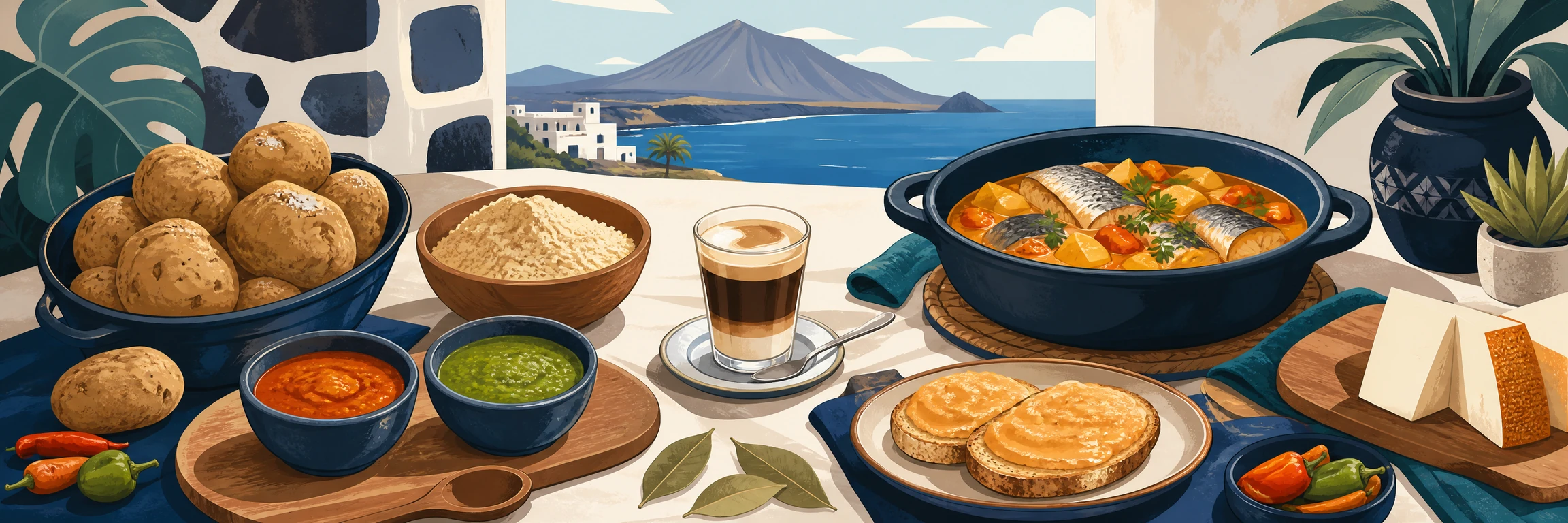 Mesa canaria con papas arrugadas, mojos, gofio y barraquito