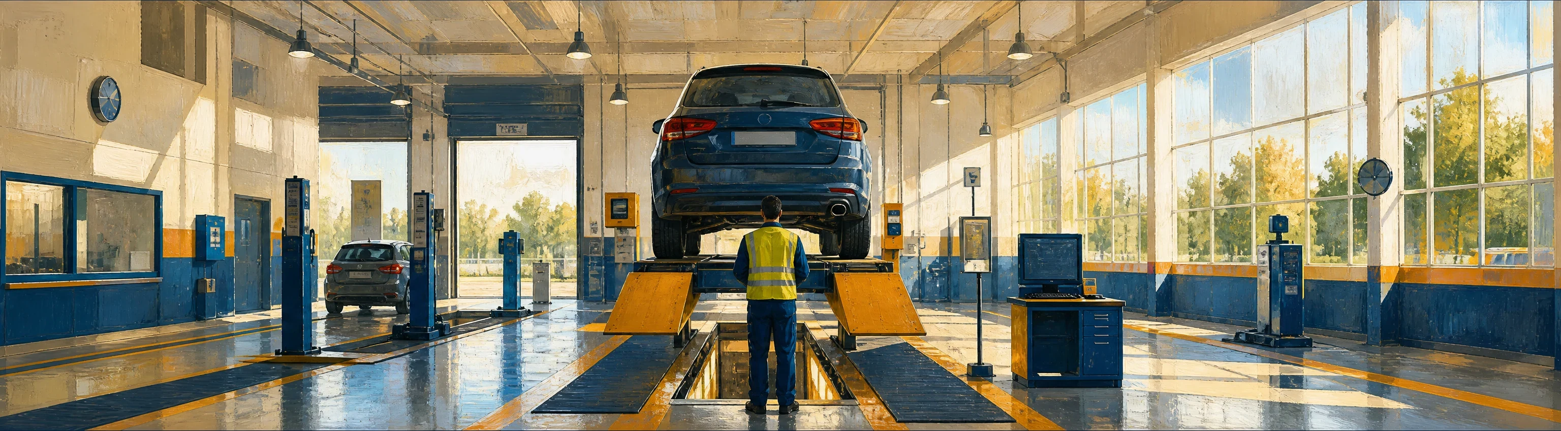 Estación de ITV en Canarias con un coche en la nave de inspección