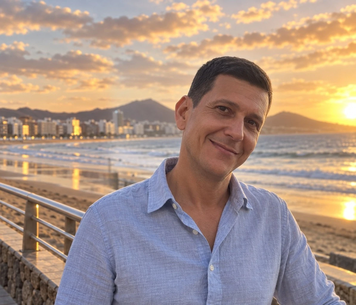 Iván Artiles en la playa de Las Canteras, en Las Palmas de Gran Canaria, al atardecer