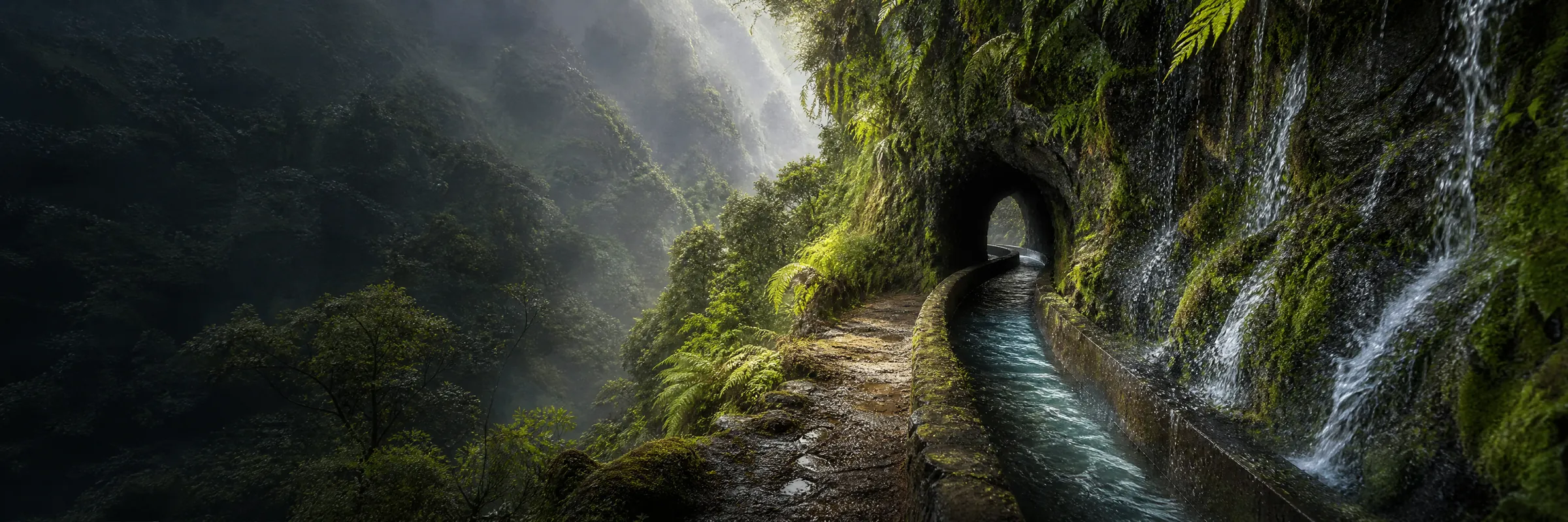 Sendero de Marcos y Cordero: la boca de un túnel excavado en la roca junto al canal de agua, entre helechos y laurisilva