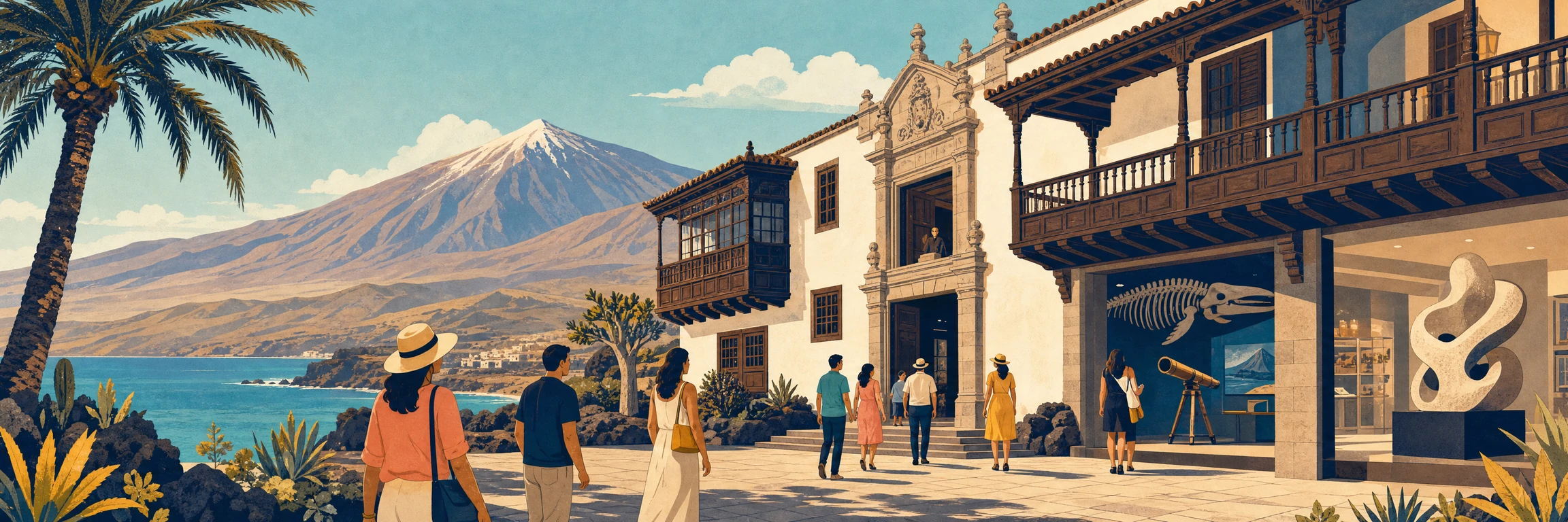 Museos de Tenerife: fachada histórica con balcones canarios y el Teide al fondo