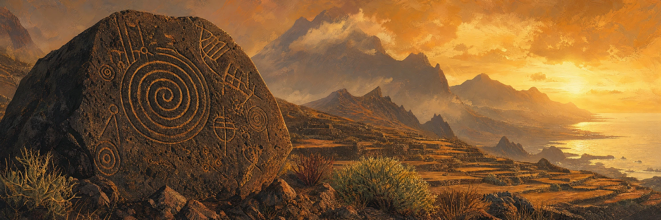 Grabados aborígenes canarios sobre paisaje volcánico, identidad de la colección canaria
