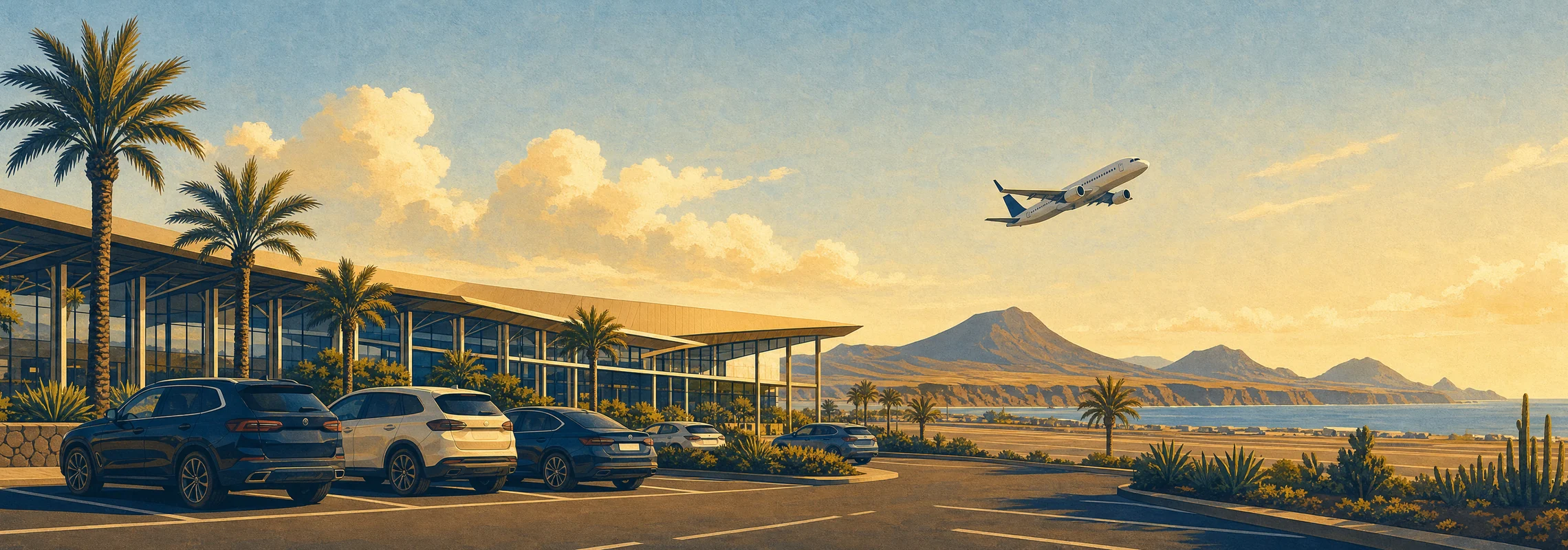 Aparcamiento de un aeropuerto de Canarias con coches, terminal, palmeras y un avión al atardecer